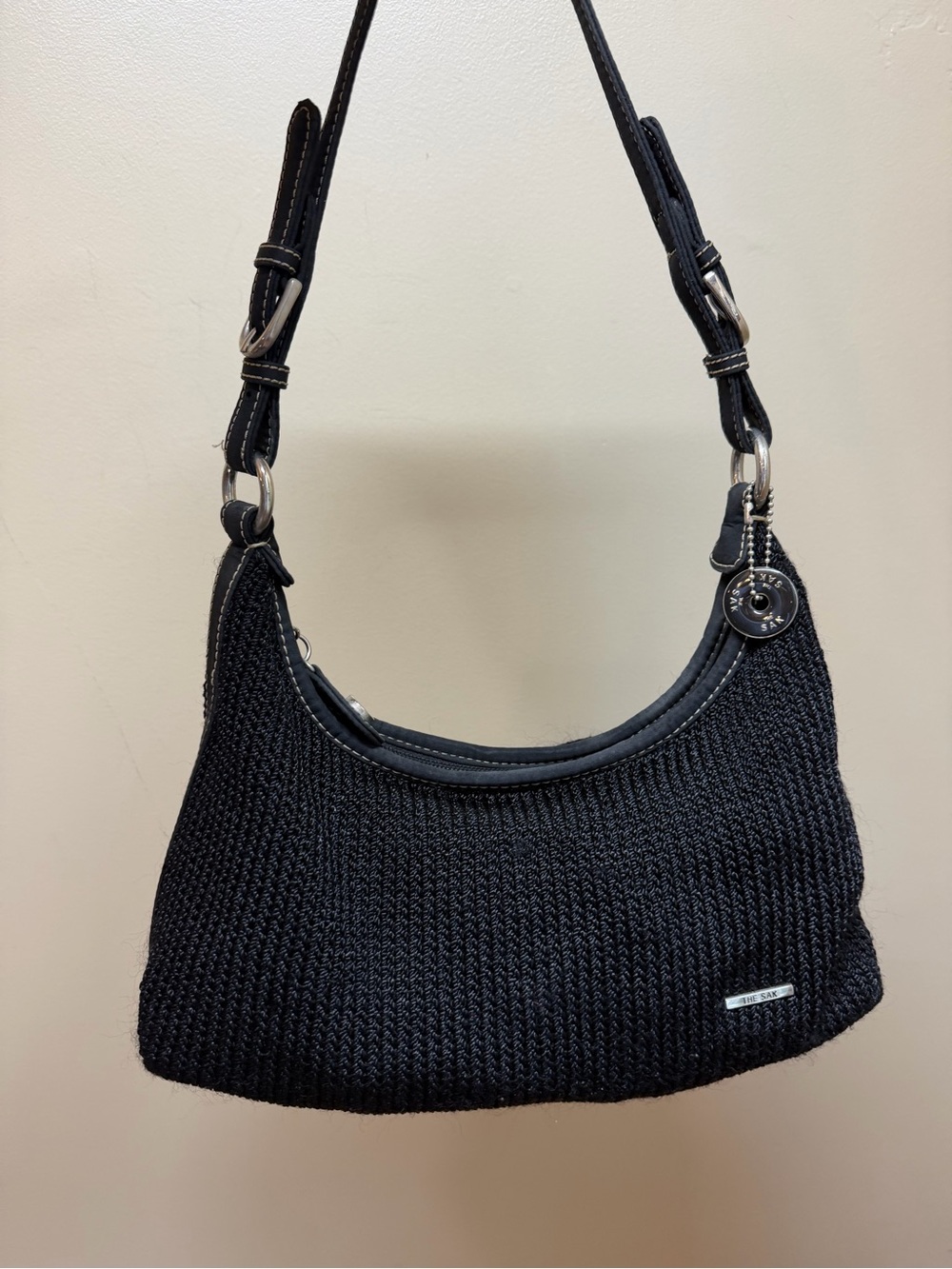 The Sak Black Woven Small Purse Crochet Knit Shoulder Baguette Shoulder Bag Y2k